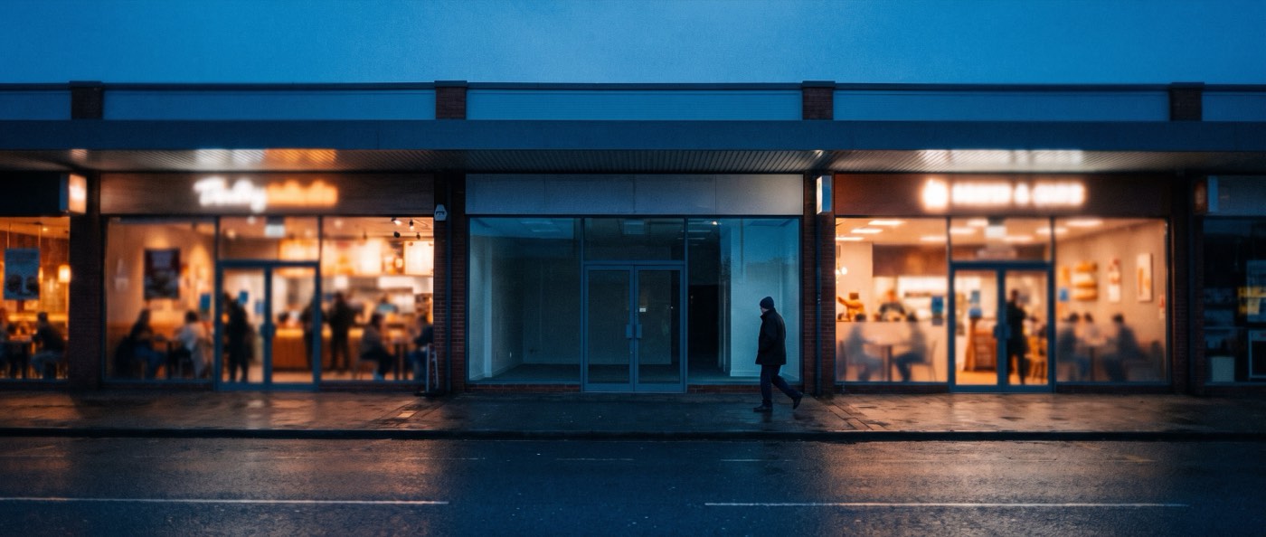 A modern commercial unit at night, lit inside and completely empty — bare floor, blank walls, no fixtures