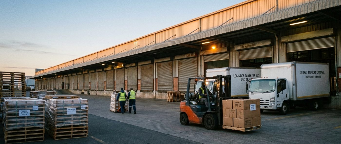 A commercial loading dock at first light, roller doors receding along the building, pallets on the apron, a forklift mid-turn and two workers moving a pallet