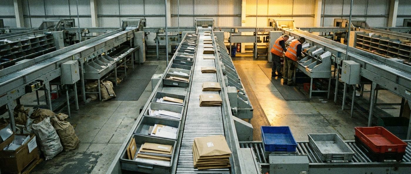 The inside of a mail processing facility, sorting machinery and trays of envelopes receding to a vanishing point, two workers at distance for scale