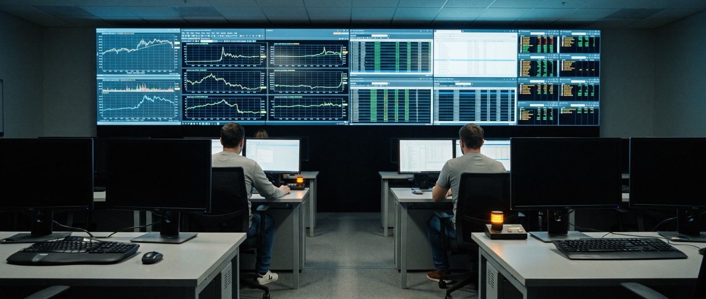 Two analysts at desks in a present-day operations centre, working beneath a wall of displays carrying line charts and status tables