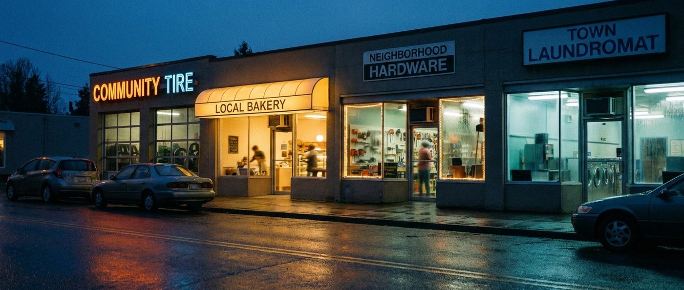 A row of small commercial storefronts at dusk — a tyre shop, a bakery, a hardware store, a laundromat — interiors lit, people working inside, wet asphalt in the foreground