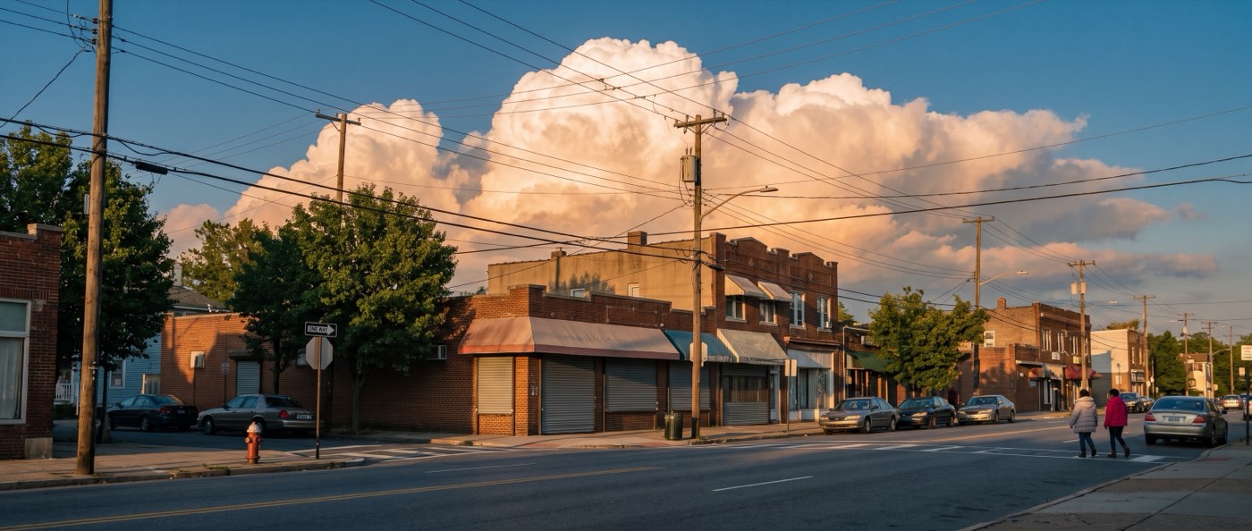 An ordinary low-rise commercial street under a towering sunlit cumulus cloud, with people walking past the storefronts